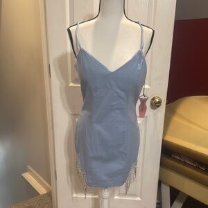 NWT Light Blue Spaghetti Strap Dress w/ Rhinestone Fringe
